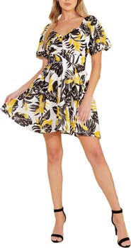 FLYING TOMATO Leaf Print Puff Sleeve Fit & Flare Dress