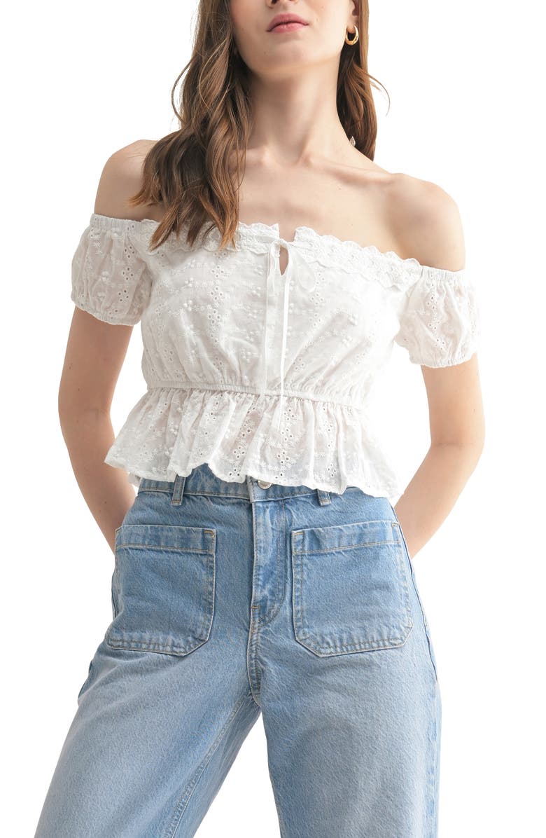 All in Favor Lace Detail Off the Shoulder Crop Top, Main, color, Off White