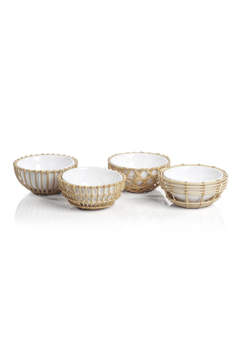 Set of 4 Wicker & Bamboo Condiment Bowls, Alternate, color, WHITE/ NATURAL