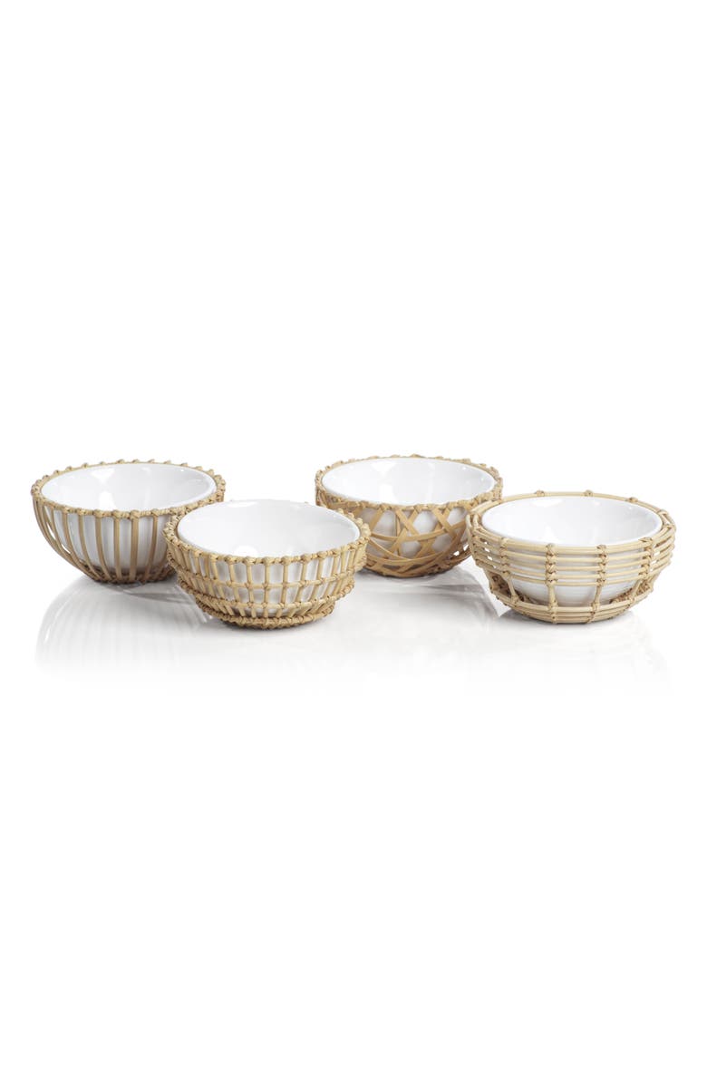 Zodax Set of 4 Wicker & Bamboo Condiment Bowls, Alternate, color, White/ Natural