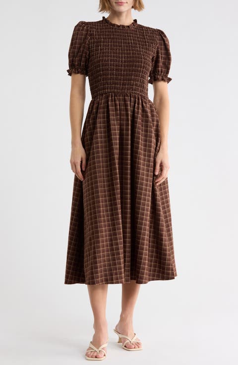 Plaid Smocked Bodice Midi Dress