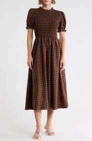 AUGUST SKY Plaid Smocked Bodice Midi Dress