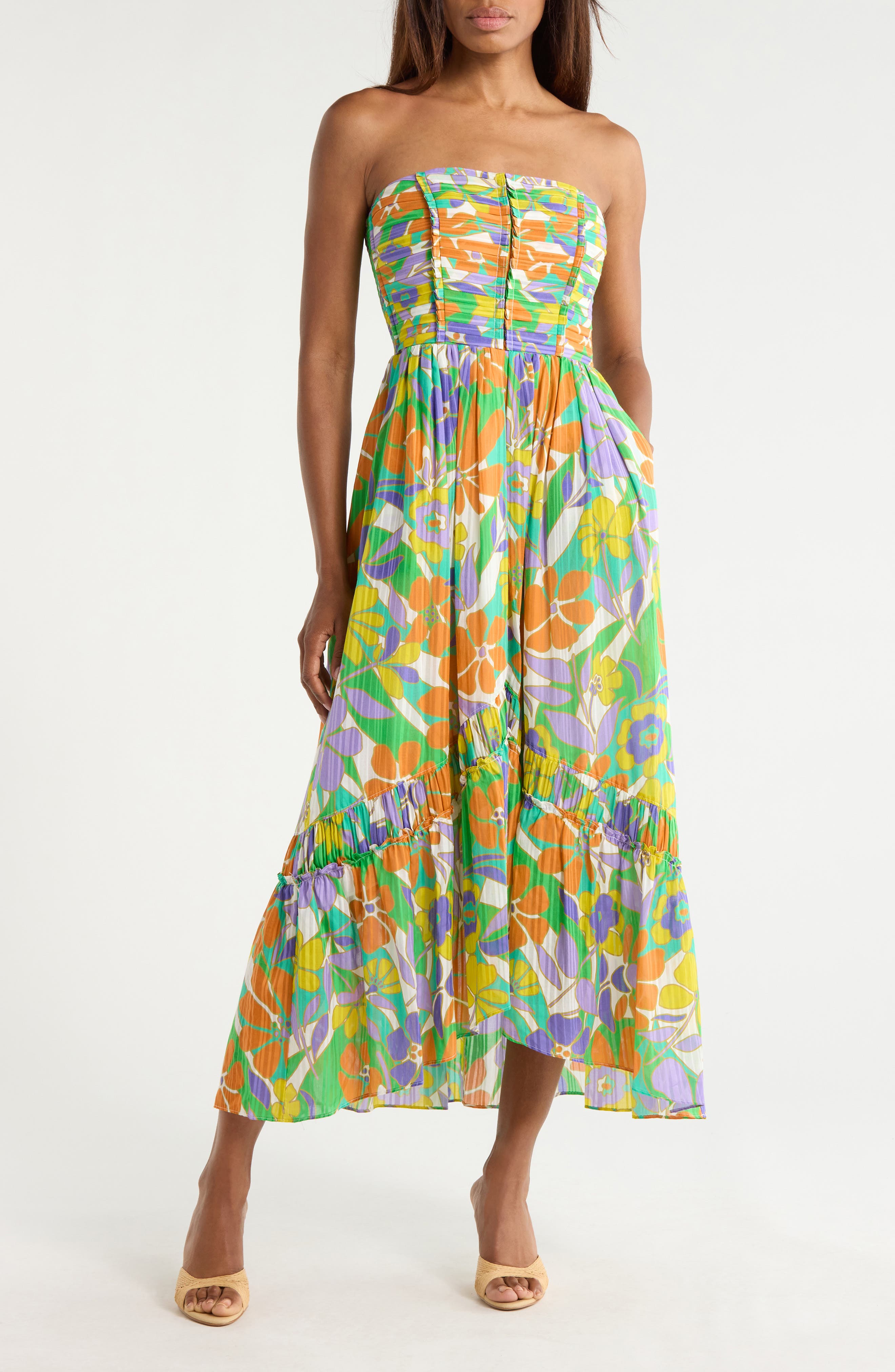 Ramy Brook Murphy Floral Strapless Plissé Maxi Dress