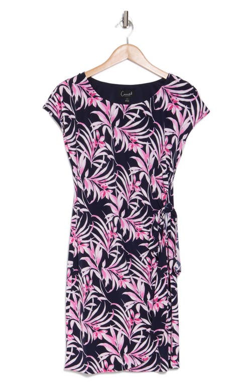 Connected Apparel Tie Waist Faux Wrap Dress In Navy Fuchsia