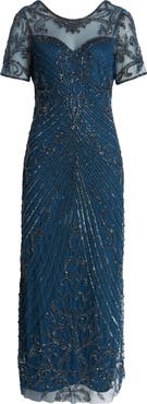 Pisarro Nights Illusion Beaded Mesh Column Gown