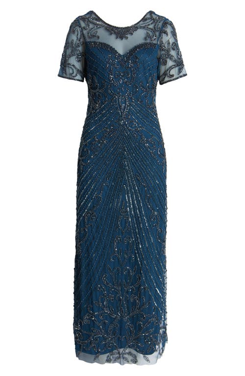 Pisarro Nights Illusion Beaded Mesh Column Gown In Peacock