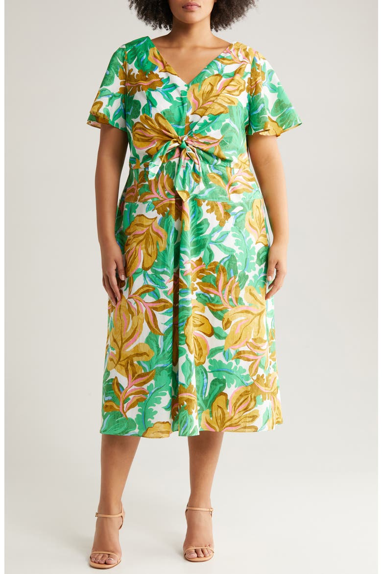 Front Tie Short Sleeve Cotton Midi Dress, Main, color, SOFT WHITE/ GOLDEN OLIVE