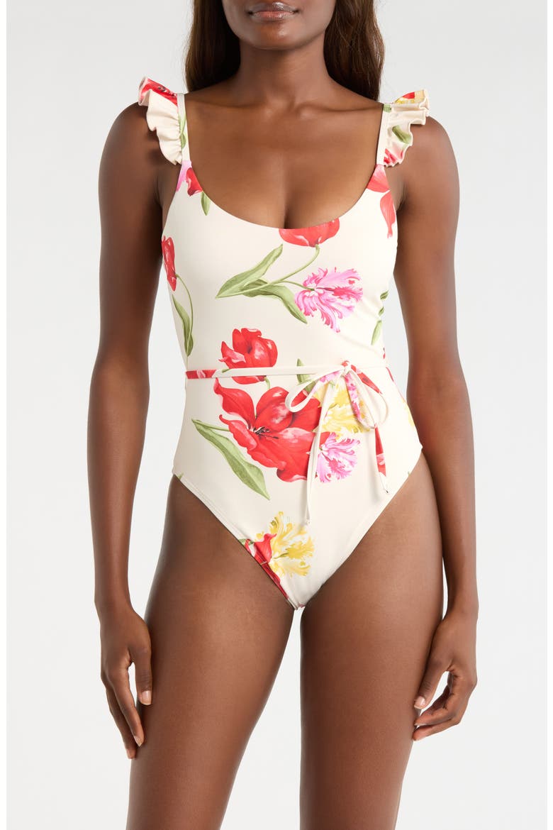 Materson Belted Ruffle One-Piece Swimsuit, Main, color, IVORY/ MULTI