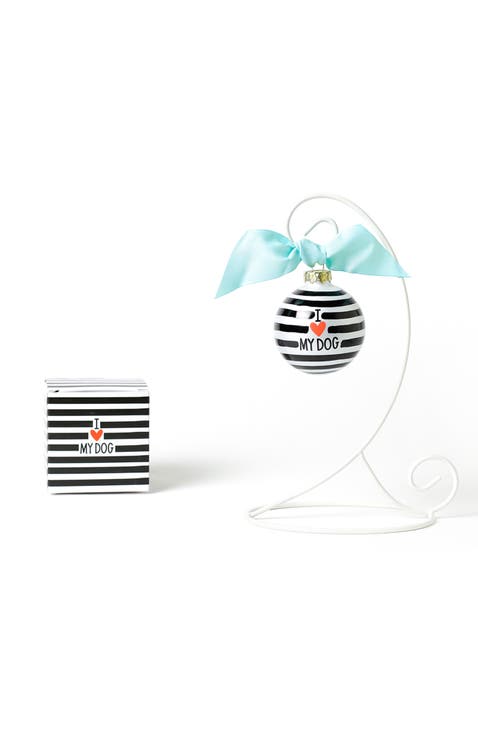 I Love My Dog Stripe 65MMGlass Ornament Black with White Stand