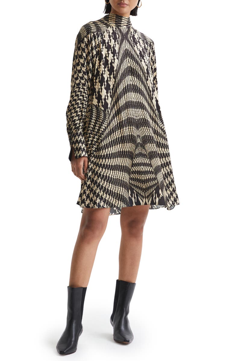 Reiss Ester Mixed Houndstooth Plaid Long Sleeve Swing Dress, Main, color, Black White
