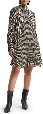 Reiss Ester Mixed Houndstooth Plaid Long Sleeve Swing Dress