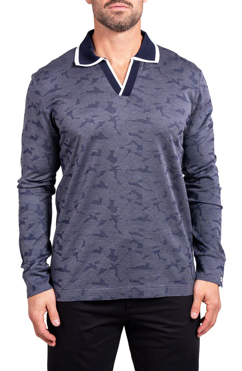 Maceoo Ascension0004 Blue Johnny Collar Long Sleeve Cotton Jacquard Polo, Main, color, Blue
