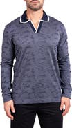 Maceoo Ascension0004 Blue Johnny Collar Long Sleeve Cotton Jacquard Polo