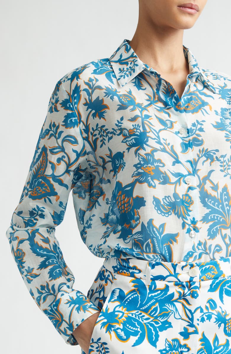 Etro Floral Paisley Cotton & Silk Button-Up Shirt, Alternate, color, Print On White Base