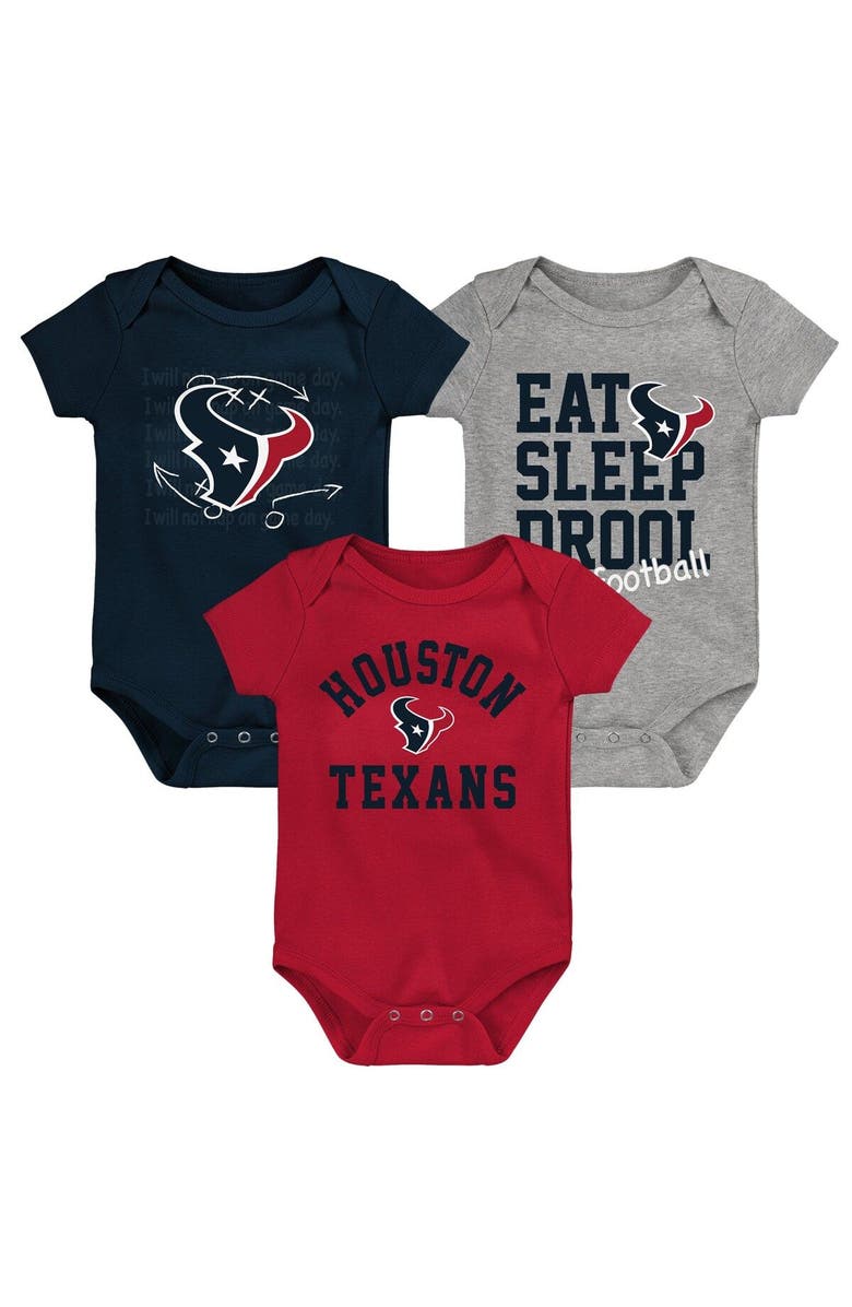 Outerstuff Newborn & Infant Navy/Red/Heather Gray Houston Texans Three-Pack Eat, Sleep & Drool Retro Bodysuit Set, Main, color, 