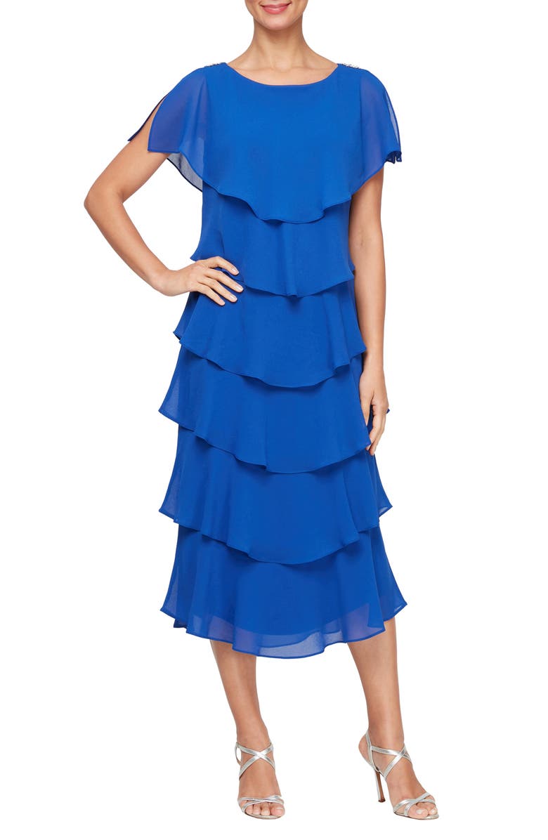 SL FASHIONS Tiered Chiffon Midi Dress, Main, color, Cobalt