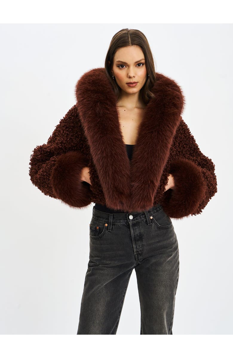 Miss Circle Cropped Kali Vegan Shearling Fur Hooded Jacket, Alternate, color, Mahogany