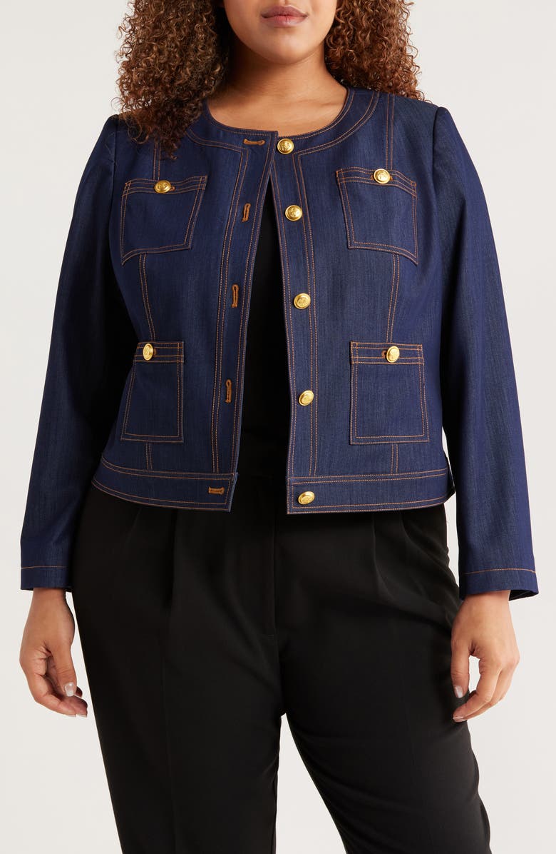 Tahari ASL Crop Denim Jacket, Main, color, Denim