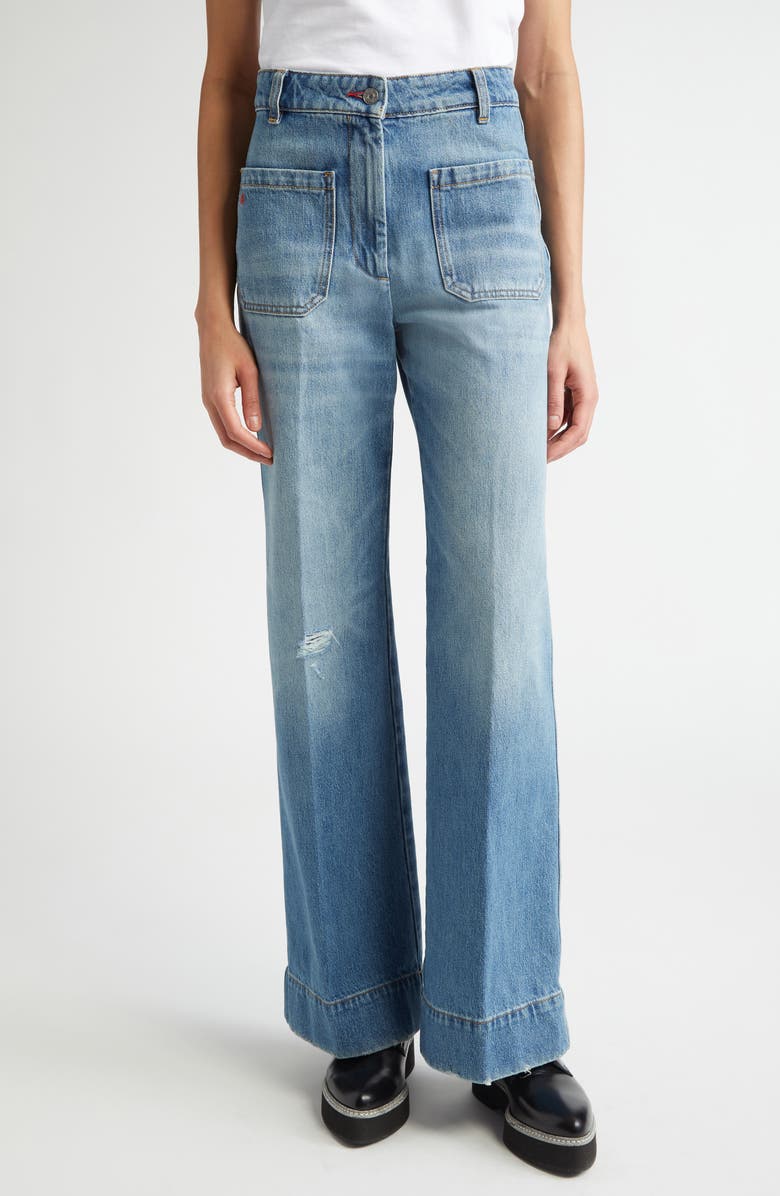 Victoria Beckham Alina High Waist Distressed Flare Jeans, Main, color, Worn Blue Wash