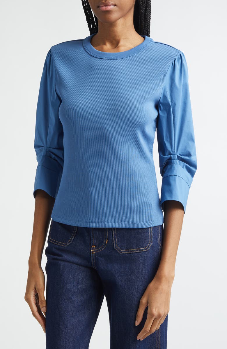 Veronica Beard Junia Mixed Media Top, Alternate, color, Blue Coast