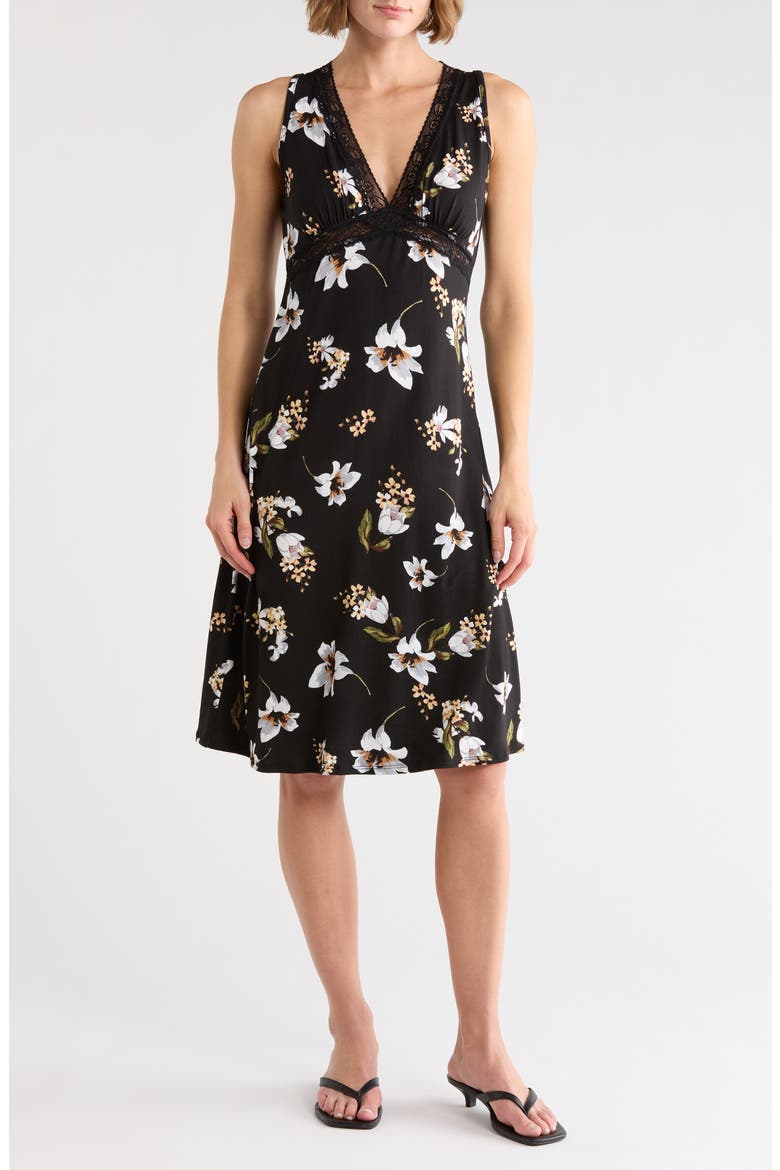 Lace Trim Midi Dress, Main, color, BLACK MULTI