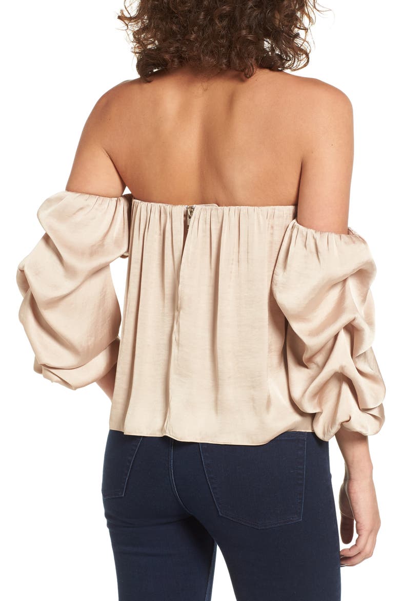 Gathered Satin Off-the-Shoulder Top, Alternate, color, TAN WARM