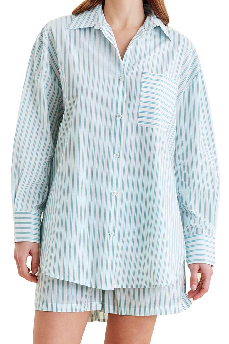 Double Stripe Short Cotton Pajamas, Alternate, color, WHITE/ BLUE TURQUOISE STRIPE