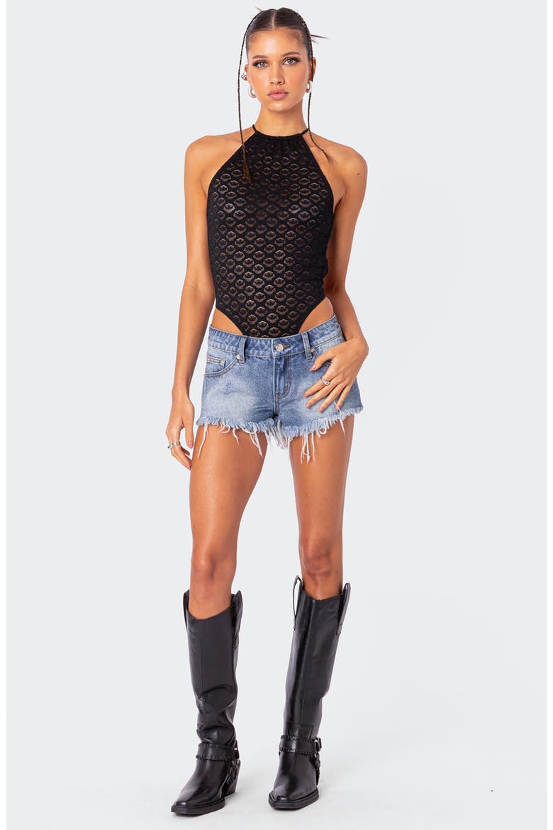 Lace Halter Open Back Sheer Bodysuit, Alternate, color, BLACK