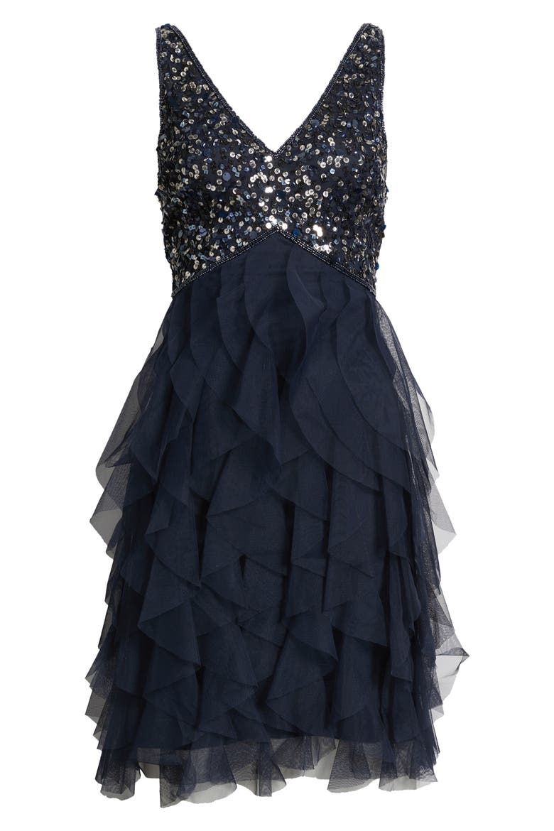 Beaded Ruffle Skirt Minidress, Alternate, color, NAVY