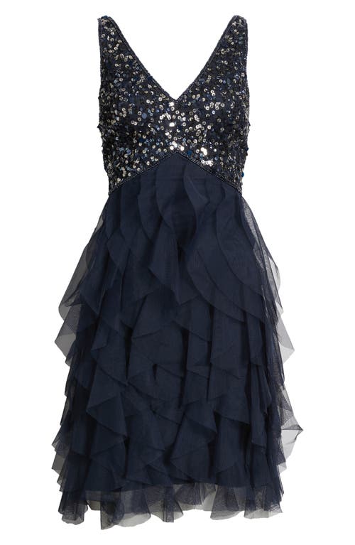 Pisarro Nights Beaded Ruffle Skirt Minidress In Blue