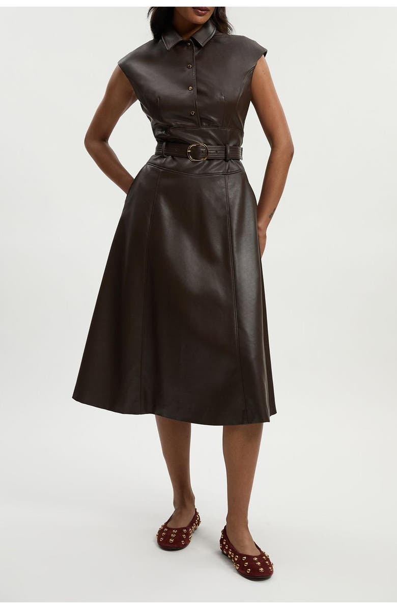 Karen Millen Faux Leather Belted Midi Dress, Alternate, color, Chocolate