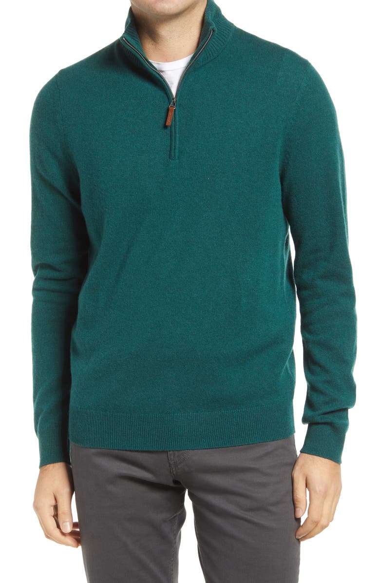 Nordstrom Cashmere Quarter Zip Pullover Sweater, Main, color, Green Trekking