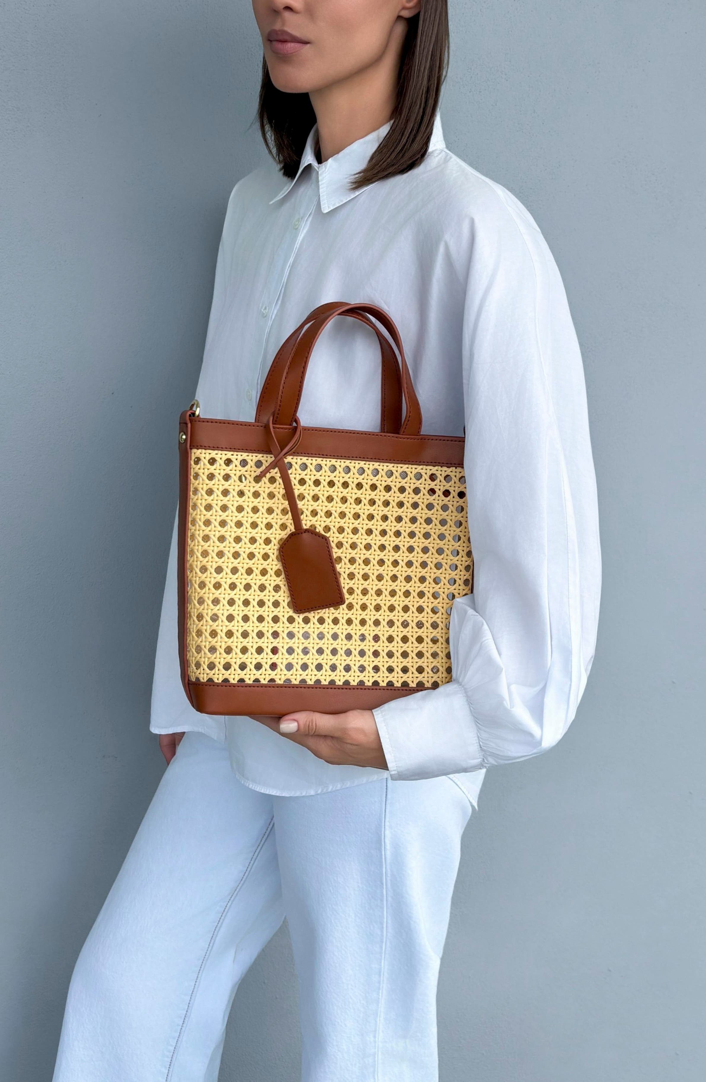 Kane Rattan Shoulder Bag, Alternate, color, BROWN/ TAN