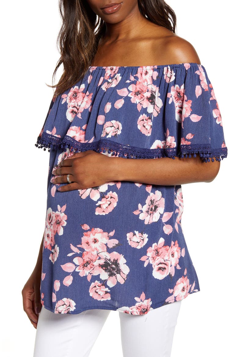 Cha Cha Off the Shoulder Maternity Top, Main, color, NAVY BLOOMS