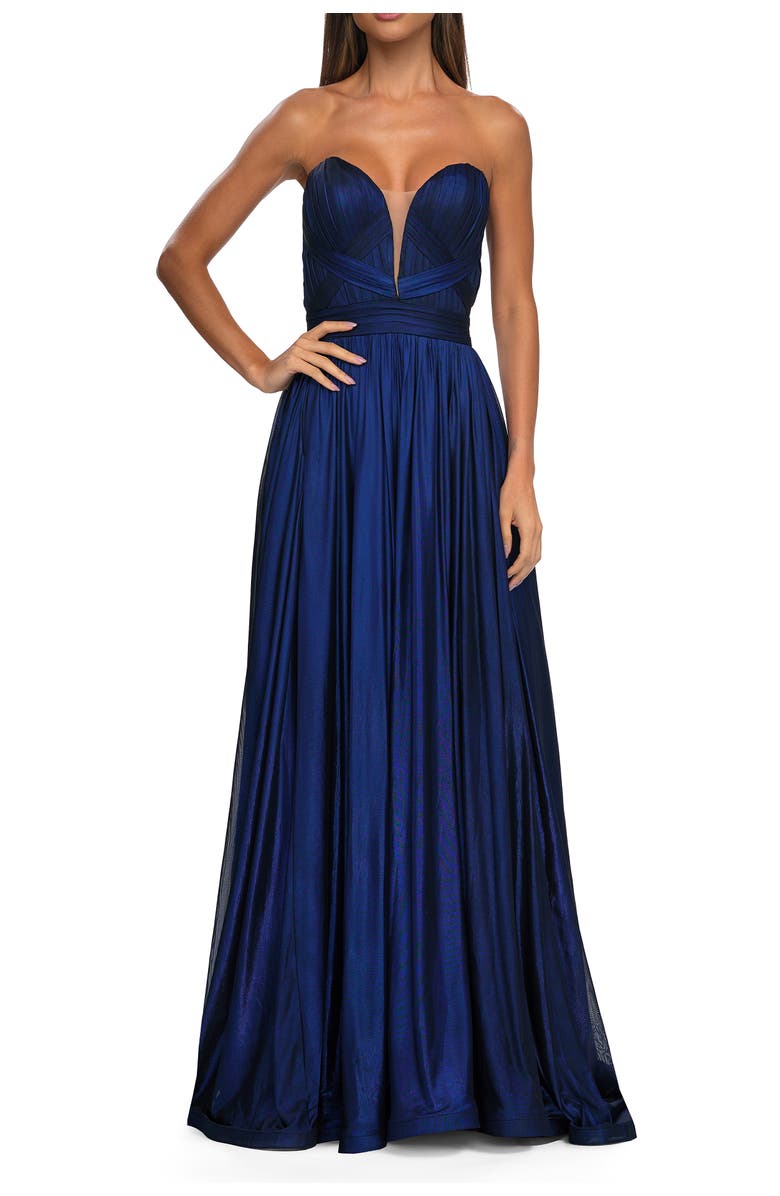 La Femme Flowy Metallic Net Jersey Prom Dress with Intricate Ruched Bodice, Main, color, Royal Blue