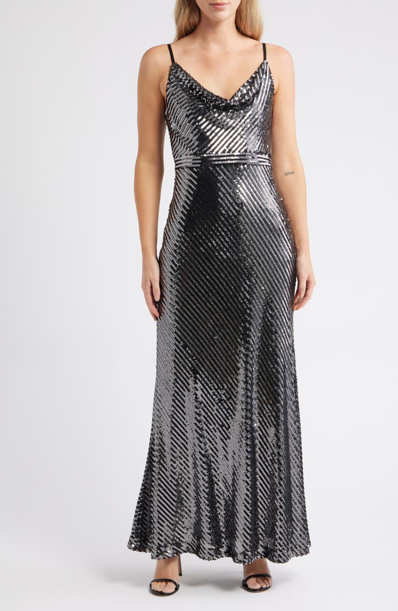 Vince Camuto Linear Sequin Mermaid Gown, Main, color, Gunmetal
