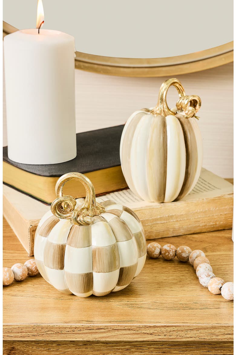 Mocha Check and Stripe Petite Decorative Pumpkins, Alternate, color, BROWN