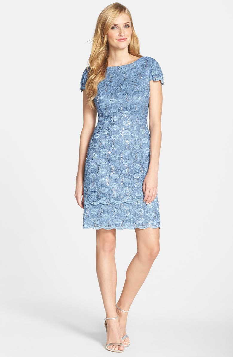 Alex Evenings Tiered Lace Sheath Dress, Alternate, color, Brush Periwinkle