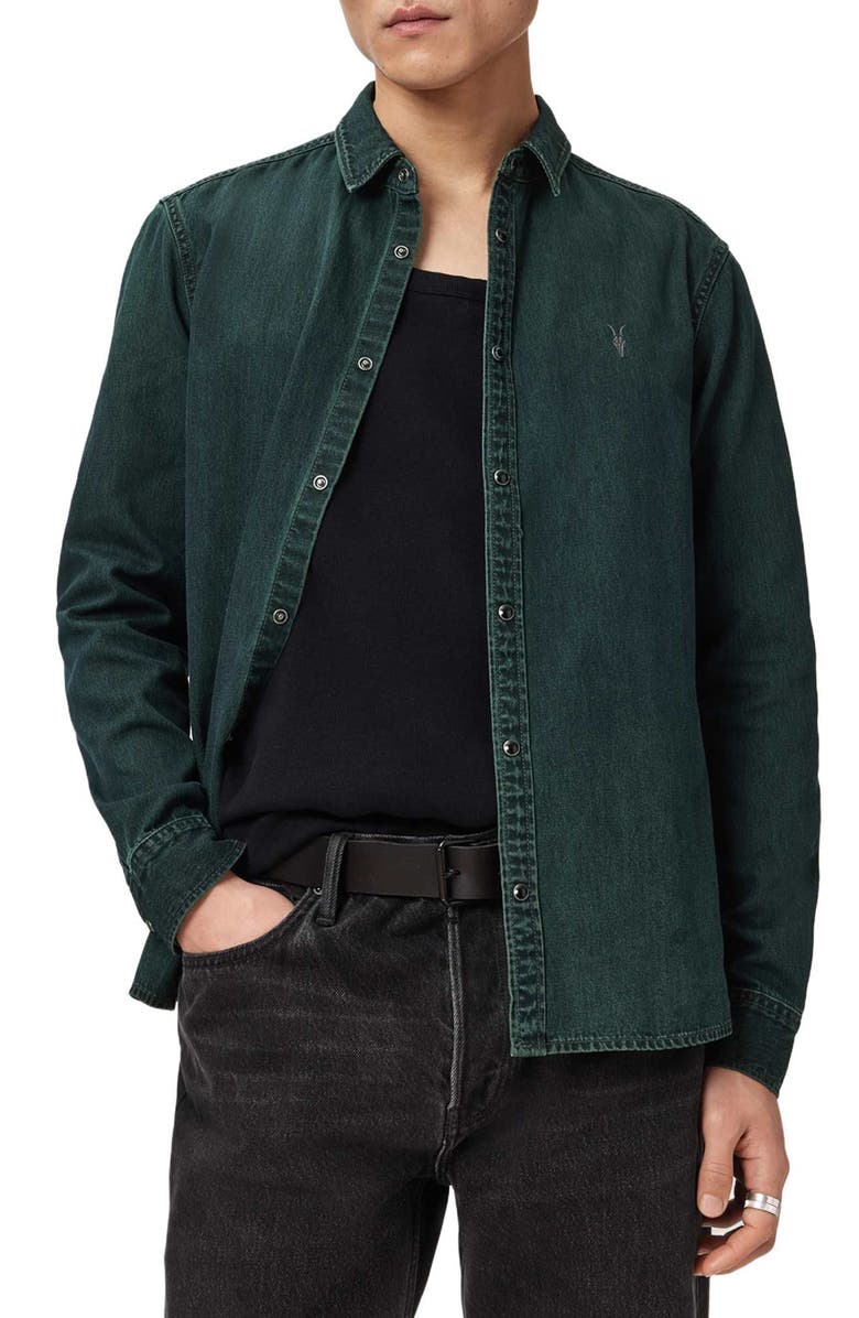 AllSaints Gleason Cotton Denim Snap Front Shirt, Alternate, color, Phantom Blue