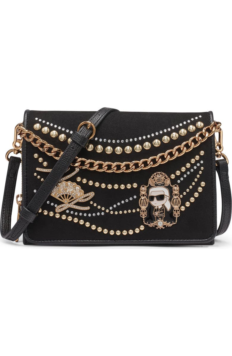 KARL LAGERFELD PARIS Lourdes Crossbody Bag with Pearl Embellishments, Main, color, Black/Gold