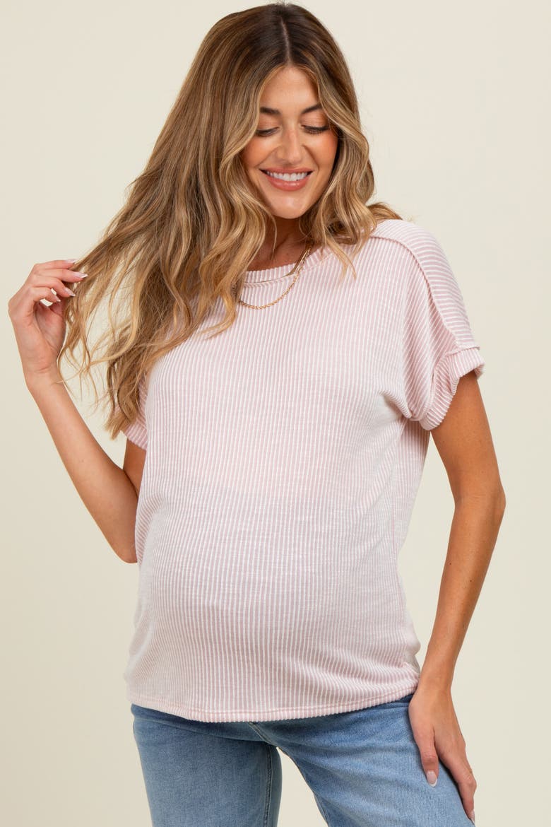 Ribbed Exposed Seam Short Sleeve Top, Alternate, color, Pink