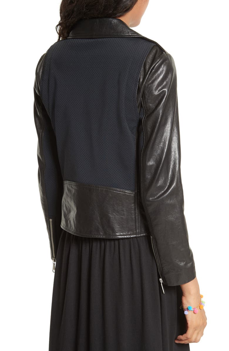Rebecca Minkoff Wes Moto Leather & Neoprene Jacket, Alternate, color, 