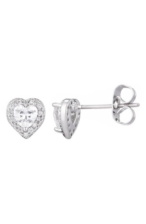 Cubic Zirconia Halo Heart Stud Earrings