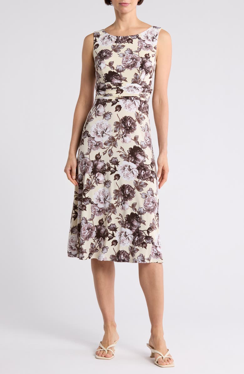 Connected Apparel Floral Sleeveless Shirred Waist Midi Dress, Main, color, 