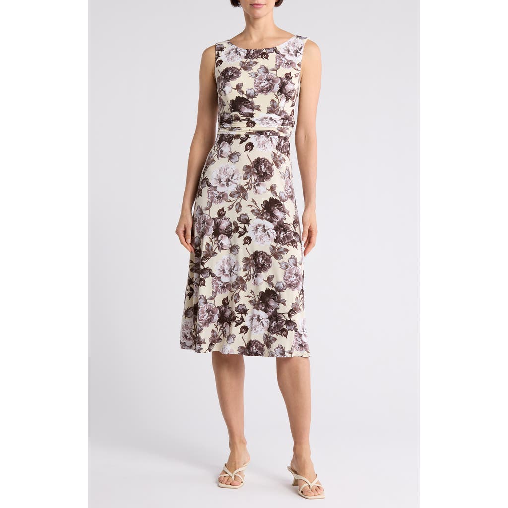 Connected Apparel Floral Sleeveless Shirred Waist Midi Dress In Butter