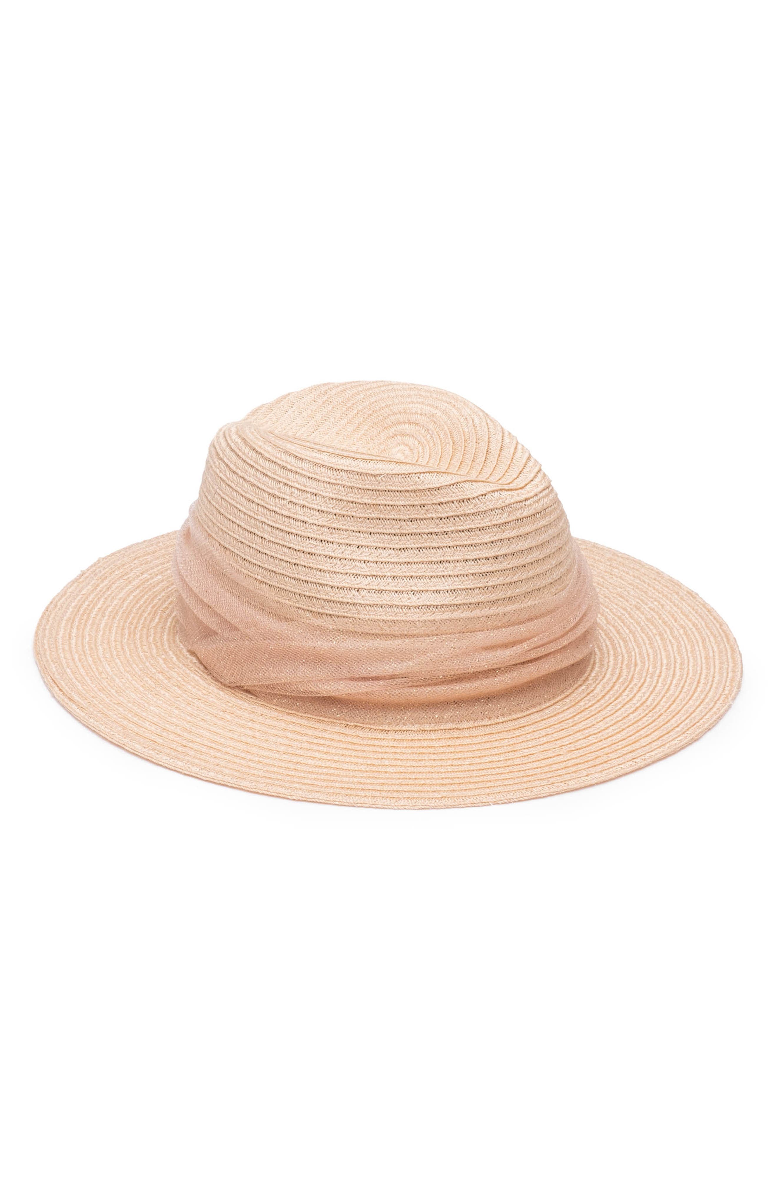 Ruched Tulle Wide Brim Packable Straw Fedora