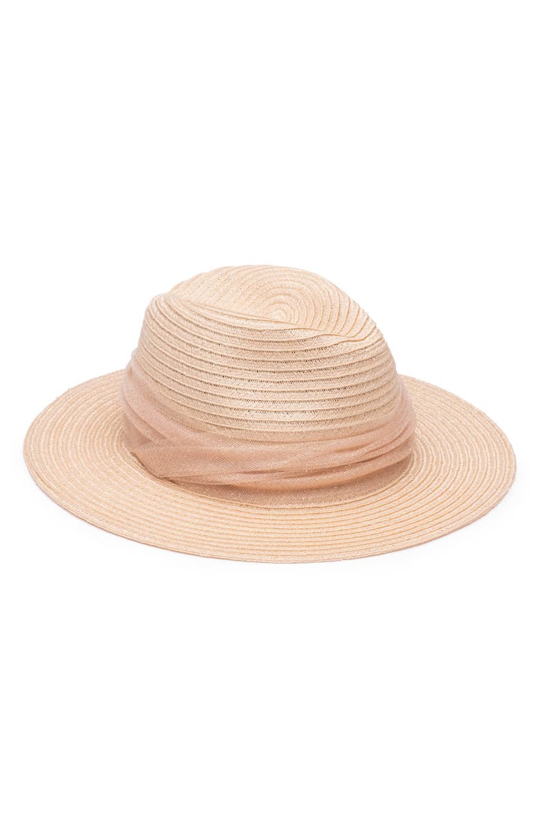 Eugenia Kim Ruched Tulle Wide Brim Packable Straw Fedora, Main, color,