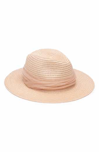 Ruched Tulle Wide Brim Packable Straw Fedora