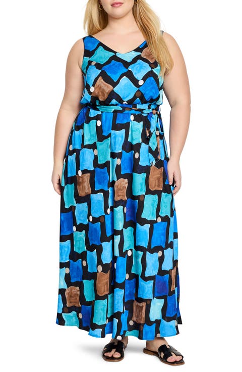 Sea Glass Bianca Tie Belt Maxi Dress (Plus)