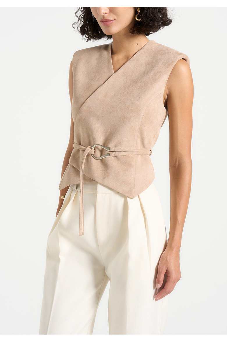 Jeanne Belted Wrap Suede Waistcoat, Alternate, color, Taupe